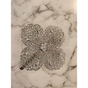 Silver Tone Filigree Flower Hair Clip Barrette With Rhinestones